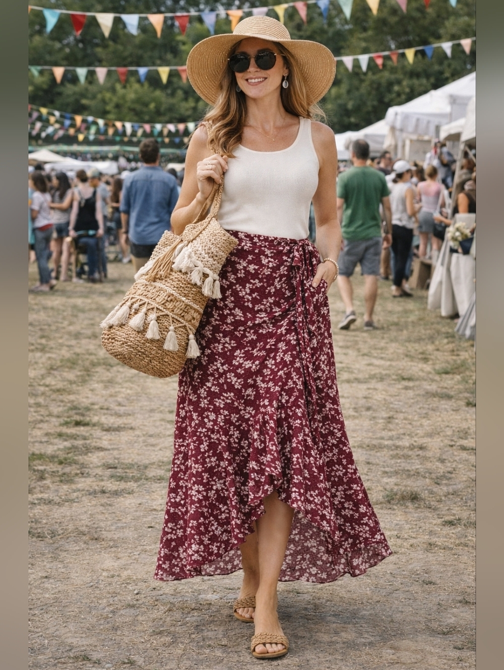 Boho Floral Wrap Skirt Burgundy Midi Ruffle Hem Festival Large